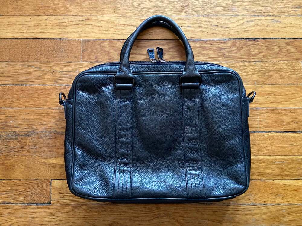 HUGO BOSS Slim Black Pebbled Leather Attache/Laptop Bag